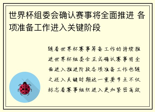 世界杯组委会确认赛事将全面推进 各项准备工作进入关键阶段